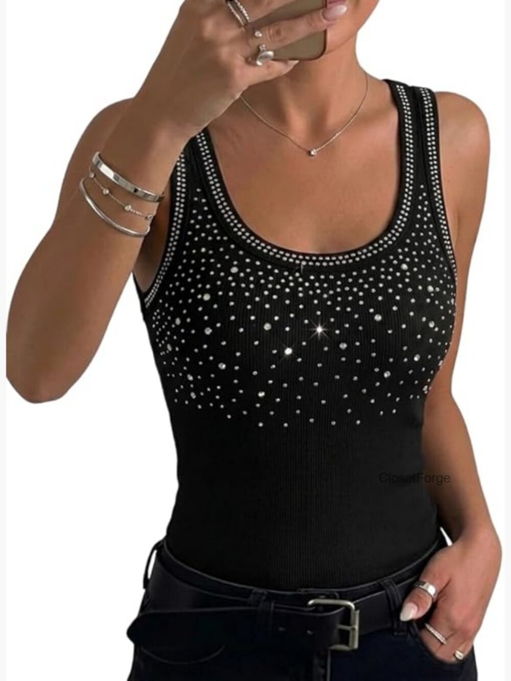 Sleeveless U Neck Rhinestone Ribbed Fitted Tank Top Going Out